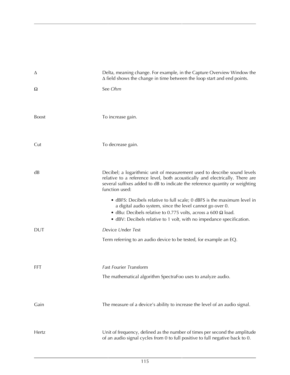Glossary, Symbols | Metric Halo SpectraFoo User Manual | Page 115 / 123