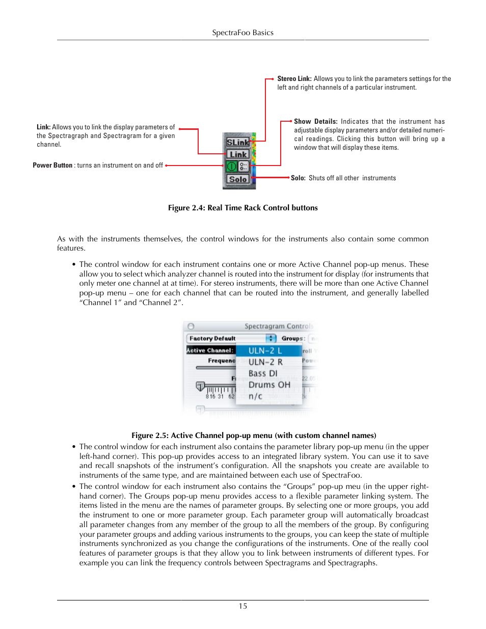 Common features – control windows, Real time rack control buttons | Metric Halo SpectraFoo User Manual | Page 15 / 123
