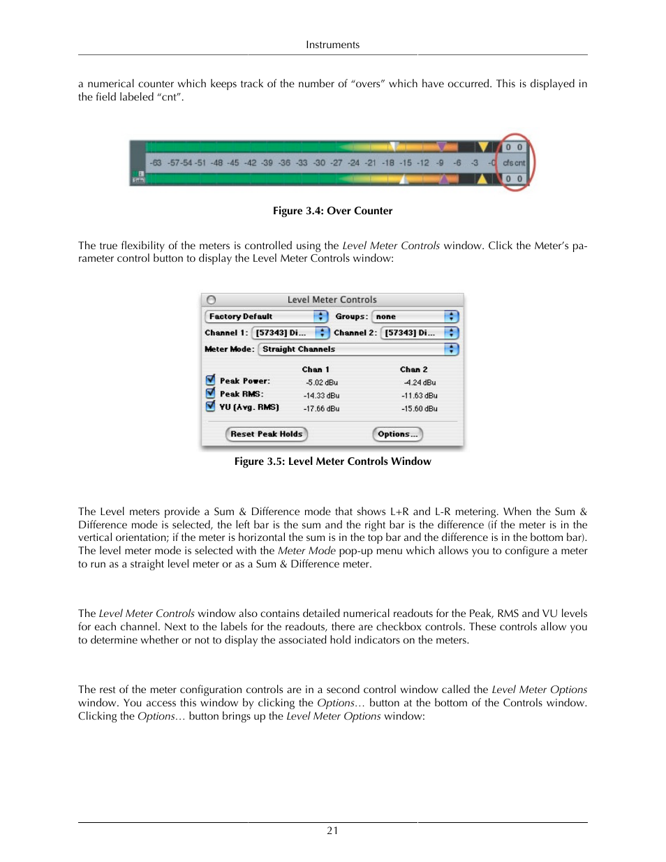 Sum & difference meter mode, Detailed readout and hold indicator controls, Options window | 21 detailed readout and hold indicator controls, 21 options window, Over counter, 21 3.5. level meter controls window | Metric Halo SpectraFoo User Manual | Page 21 / 123