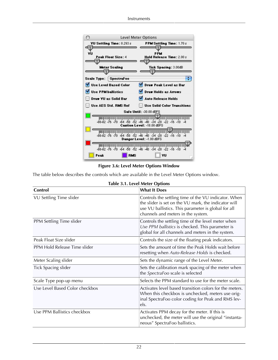 Level meter options window, Level meter options | Metric Halo SpectraFoo User Manual | Page 22 / 123