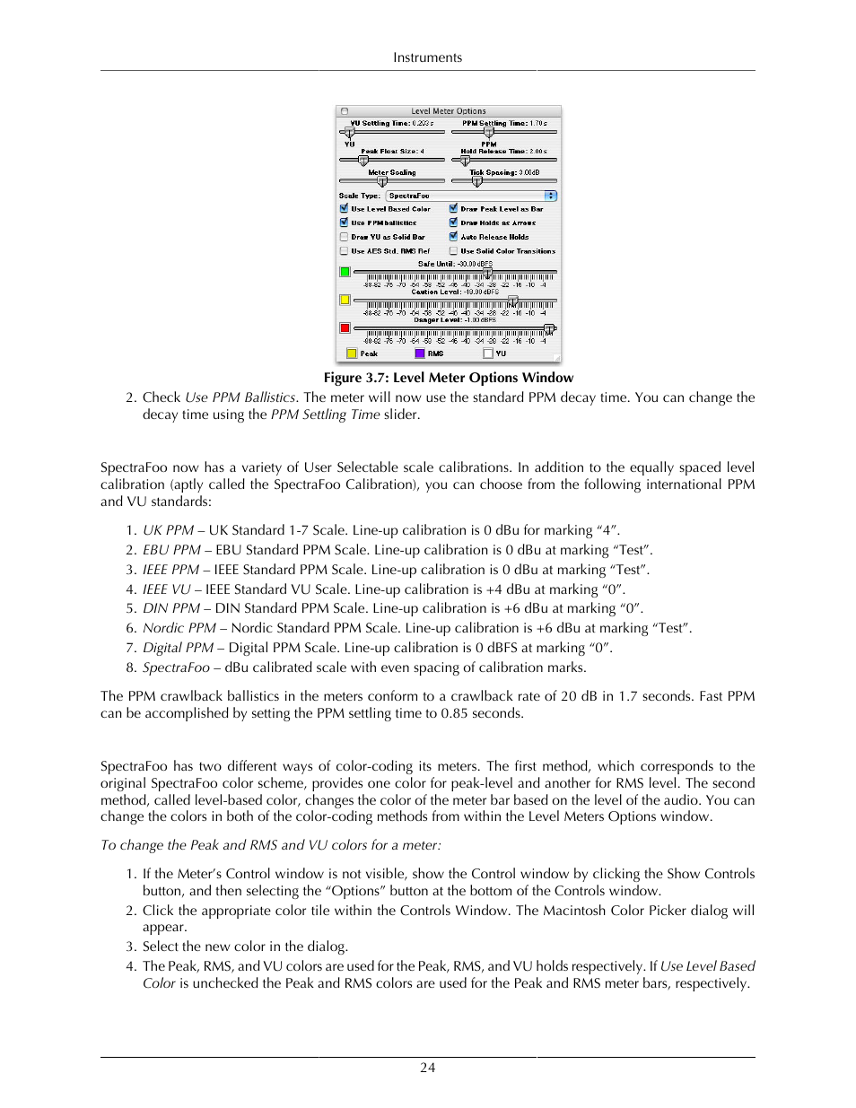 Meter scales, User selectable meter bar colors, 24 user selectable meter bar colors | Level meter options window | Metric Halo SpectraFoo User Manual | Page 24 / 123