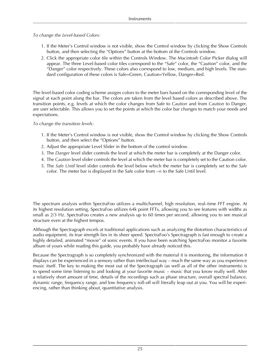 Meter bar color transition levels, Spectragraph, Overview | Metric Halo SpectraFoo User Manual | Page 25 / 123