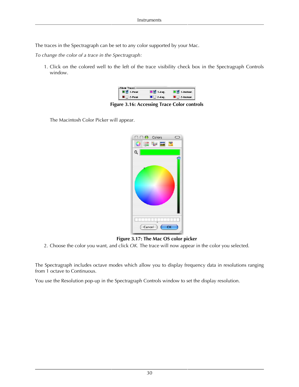 Trace colors, Octave analysis, 30 octave analysis | Accessing trace color controls, 30 3.17. the mac os color picker | Metric Halo SpectraFoo User Manual | Page 30 / 123