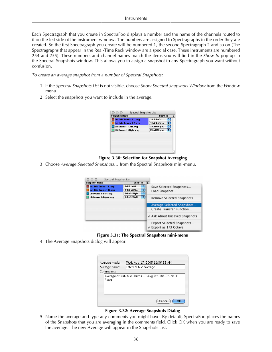 Selection for snapshot averaging, 36 3.31. the spectral snapshots mini-menu, 36 3.32. average snapshots dialog | Metric Halo SpectraFoo User Manual | Page 36 / 123