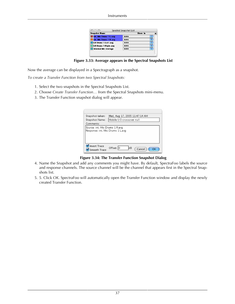 Average appears in the spectral snapshots list, 37 3.34. the transfer function snapshot dialog | Metric Halo SpectraFoo User Manual | Page 37 / 123
