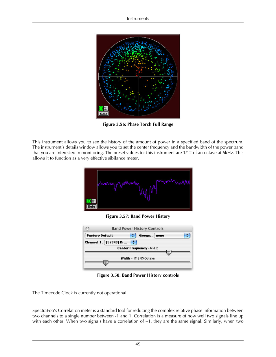 Band power history, Timecode clock, Correlation meter | 49 correlation meter, Phase torch full range, 49 3.57. band power history, 49 3.58. band power history controls | Metric Halo SpectraFoo User Manual | Page 49 / 123