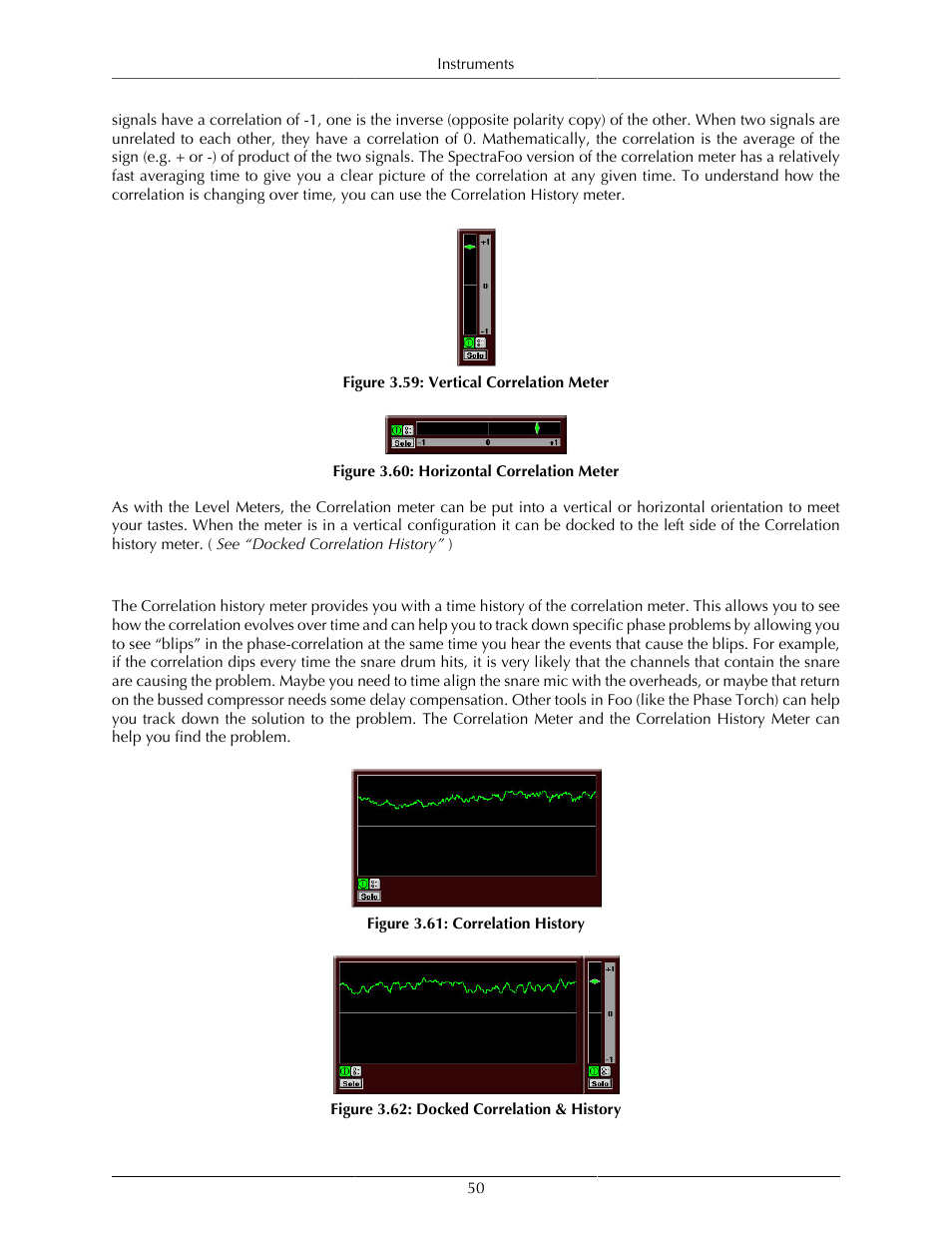 Correlation history meter, Vertical correlation meter, 50 3.60. horizontal correlation meter | 50 3.61. correlation history, 50 3.62. docked correlation & history | Metric Halo SpectraFoo User Manual | Page 50 / 123