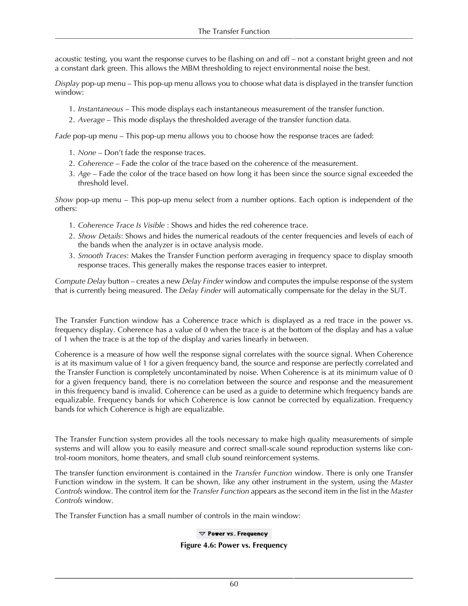 Coherence, The transfer function window, 60 the transfer function window | Power vs. frequency | Metric Halo SpectraFoo User Manual | Page 60 / 123