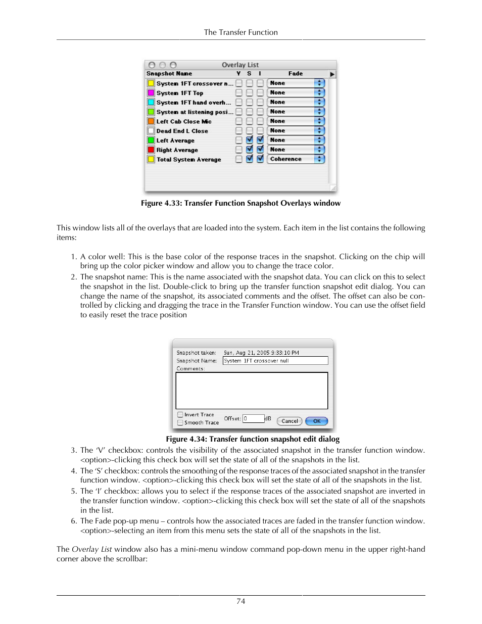Transfer function snapshot overlays window, 74 4.34. transfer function snapshot edit dialog | Metric Halo SpectraFoo User Manual | Page 74 / 123