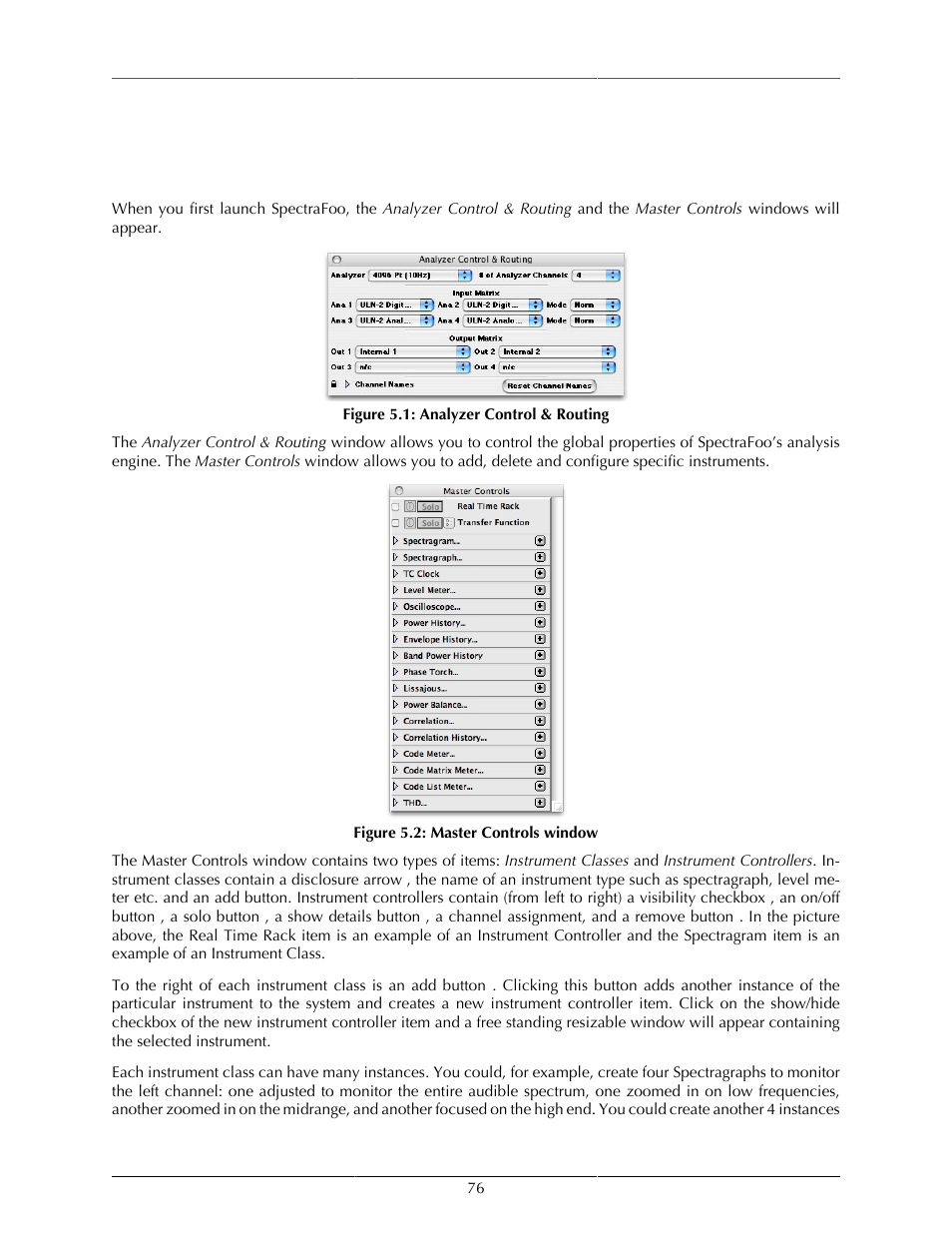 Controlling audio and instruments, Analyzer control & routing, 76 5.2. master controls window | Metric Halo SpectraFoo User Manual | Page 76 / 123