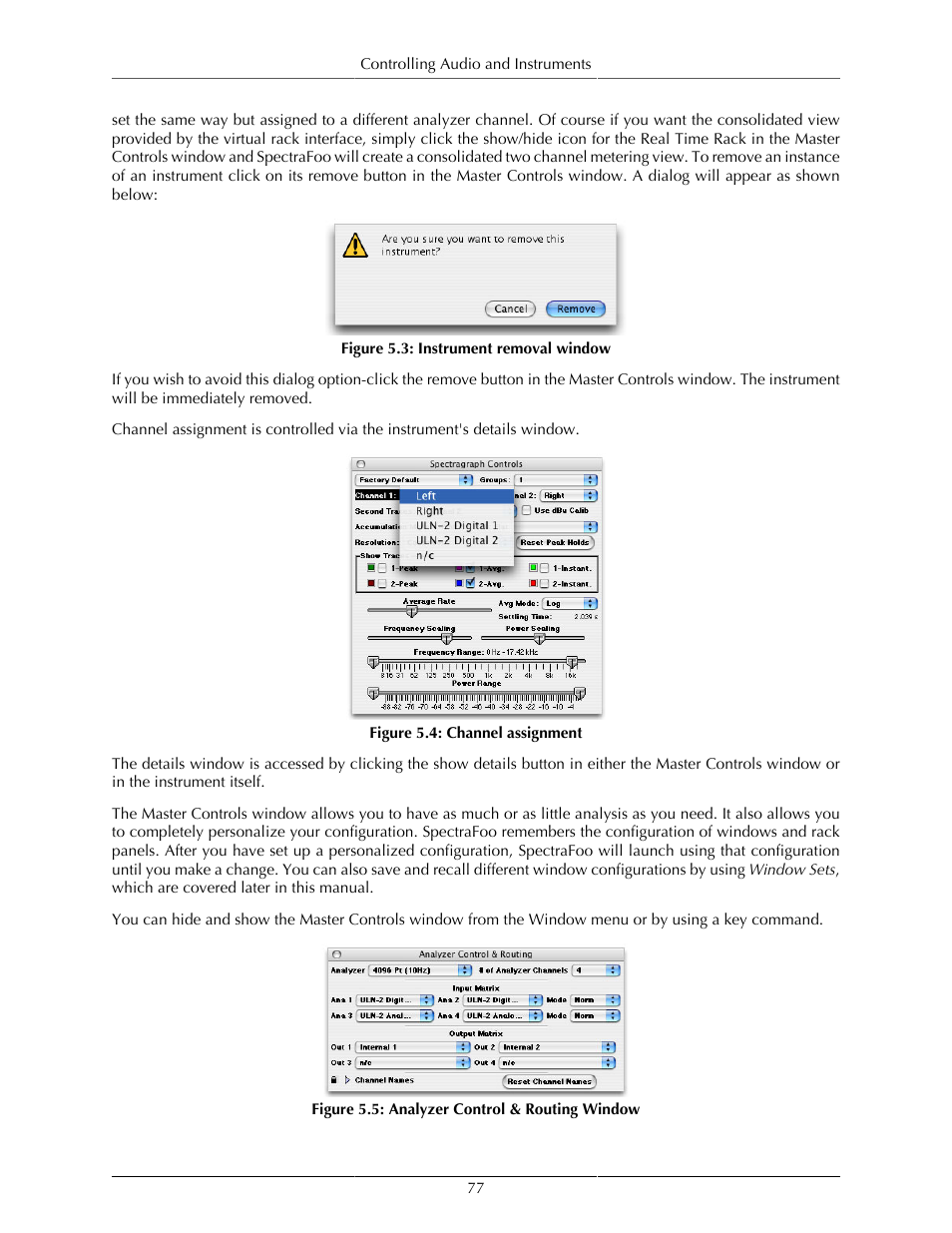 Instrument removal window, 77 5.4. channel assignment, 77 5.5. analyzer control & routing window | Metric Halo SpectraFoo User Manual | Page 77 / 123