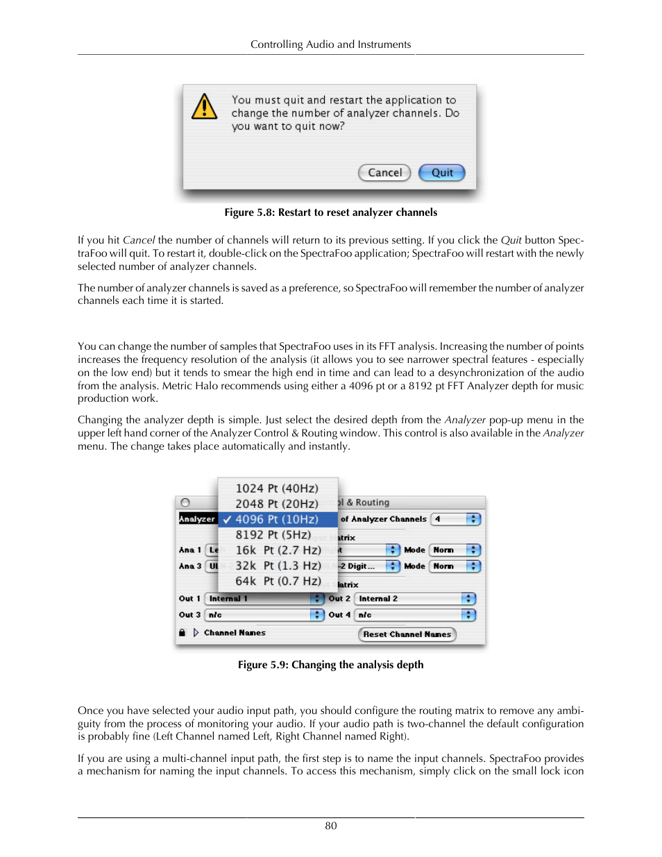 Changing the analysis depth, Configuring the routing matrix, 80 configuring the routing matrix | Restart to reset analyzer channels, 80 5.9. changing the analysis depth | Metric Halo SpectraFoo User Manual | Page 80 / 123