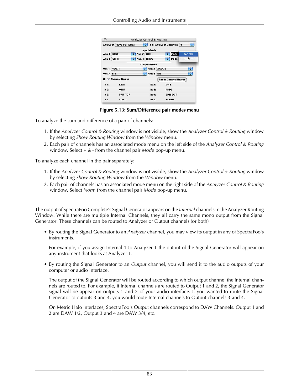 Routing the signal generator output [sfc, Sum/difference pair modes menu | Metric Halo SpectraFoo User Manual | Page 83 / 123