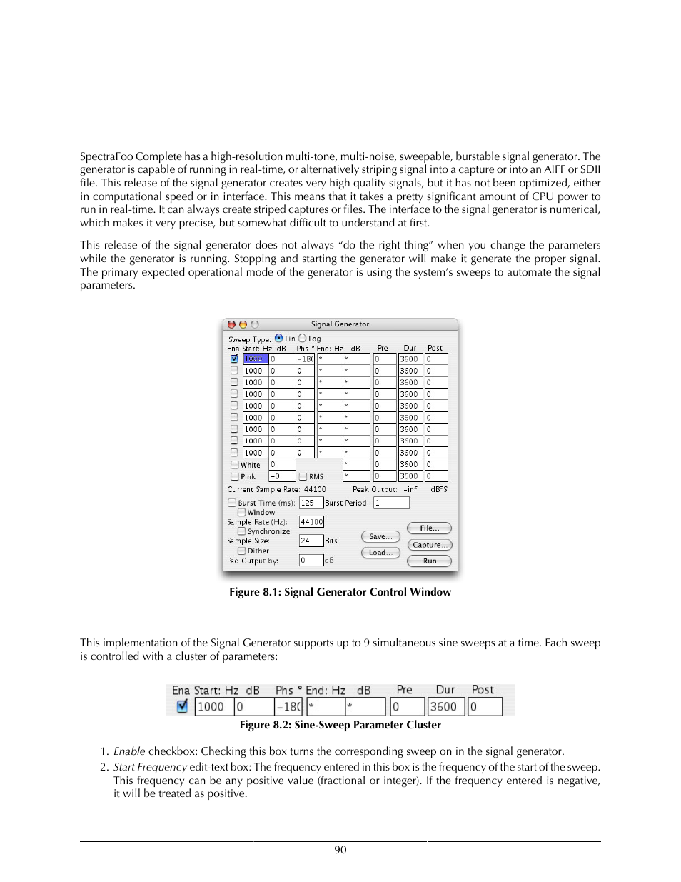 Signal generator, Overview, Sweepable sine waves | 90 sweepable sine waves, Signal generator control window, 90 8.2. sine-sweep parameter cluster | Metric Halo SpectraFoo User Manual | Page 90 / 123