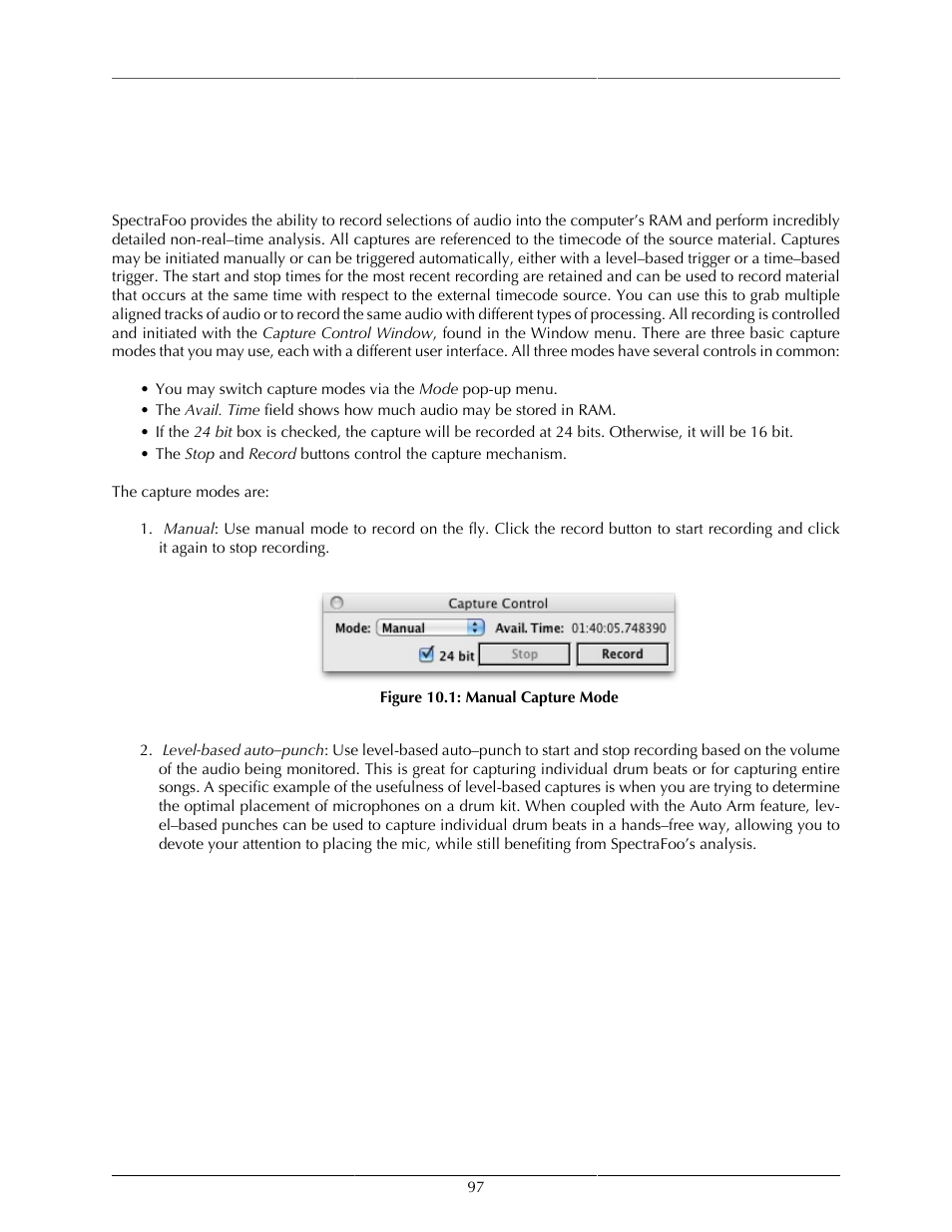 Capture and storage, Recording captures, Manual capture mode | Metric Halo SpectraFoo User Manual | Page 97 / 123