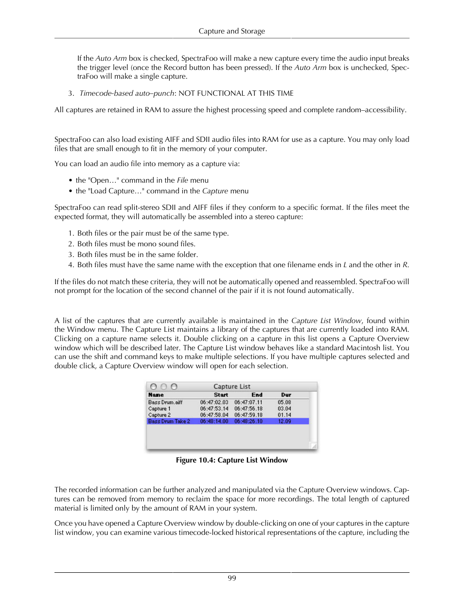 Loading audio files for capture, Capture list window, Capture overview windows | 99 capture list window, 99 capture overview windows | Metric Halo SpectraFoo User Manual | Page 99 / 123