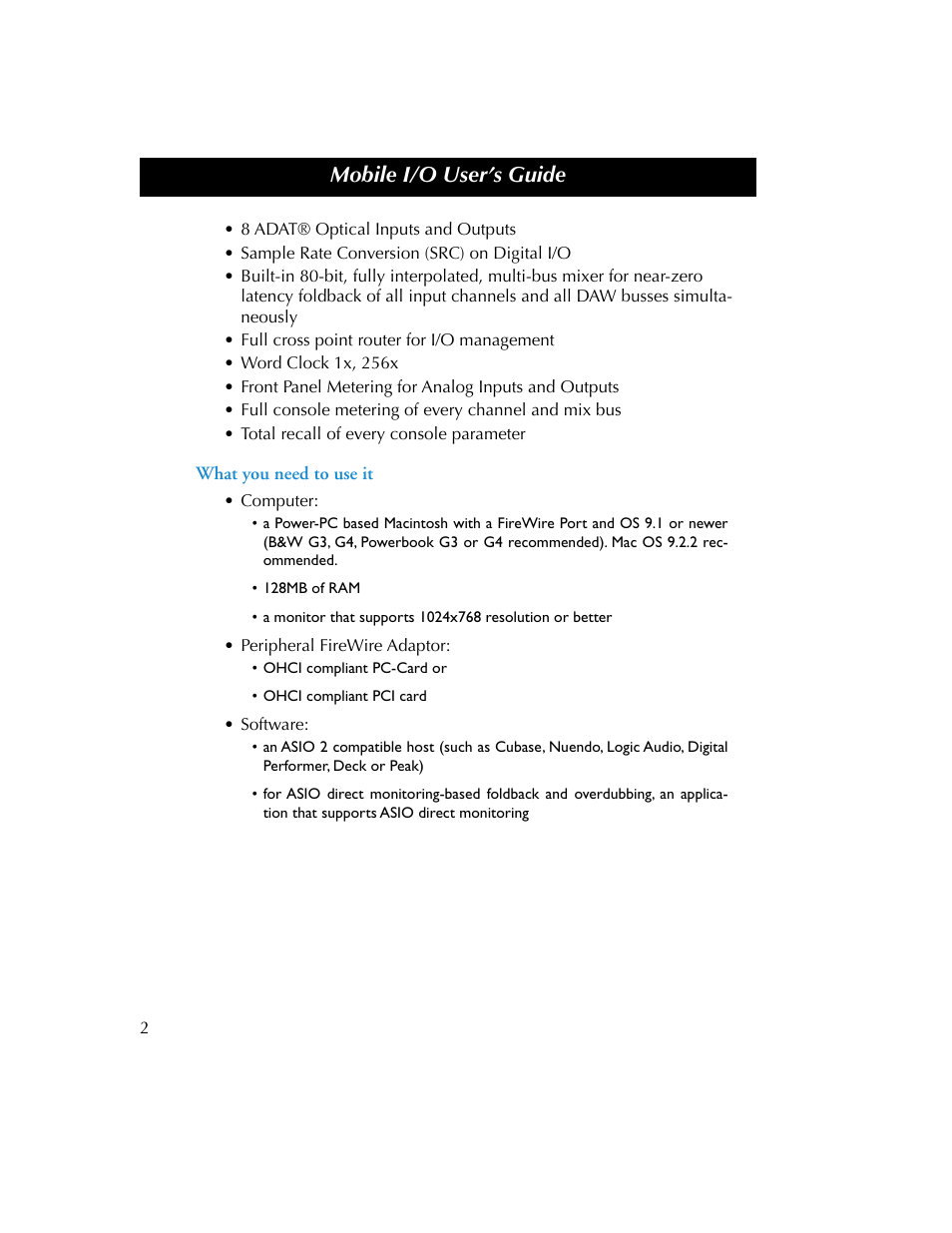 What you need to use it, Mobile i/o user’s guide | Metric Halo 2882 operating guide User Manual | Page 10 / 109