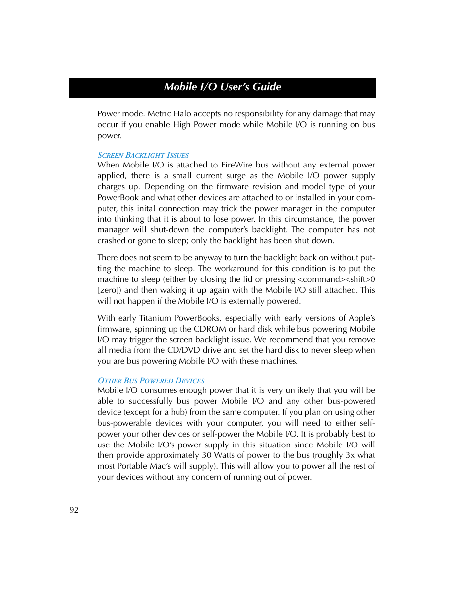 Screen backlight issues, Other bus powered devices, Screen backlight issues other bus powered devices | Mobile i/o user’s guide | Metric Halo 2882 operating guide User Manual | Page 100 / 109