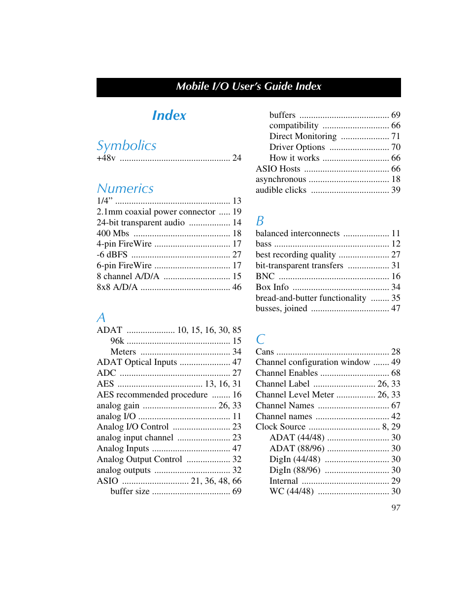 Index, Index symbolics, Numerics | Metric Halo 2882 operating guide User Manual | Page 105 / 109