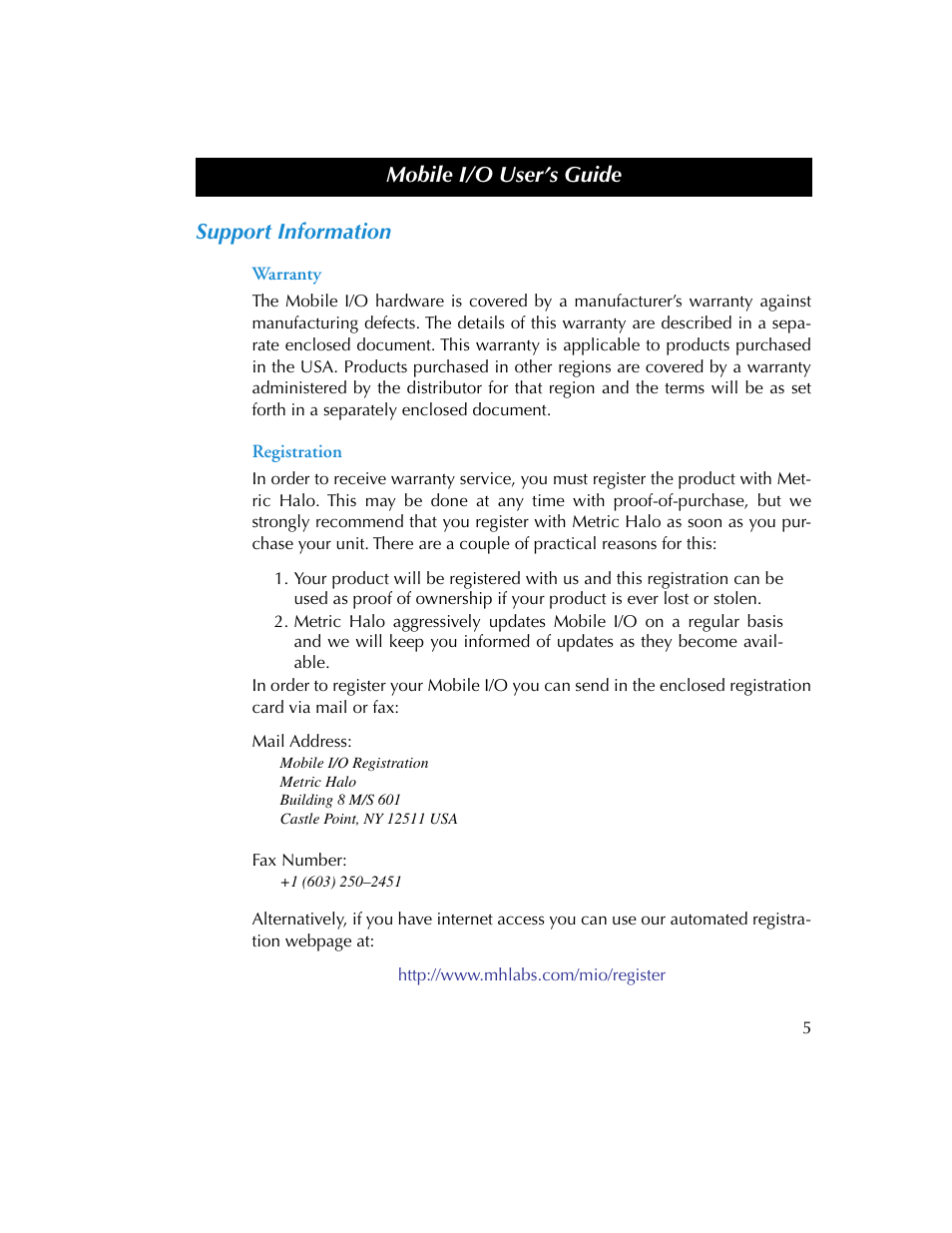 Support information, Warranty, Registration | Warranty registration | Metric Halo 2882 operating guide User Manual | Page 13 / 109