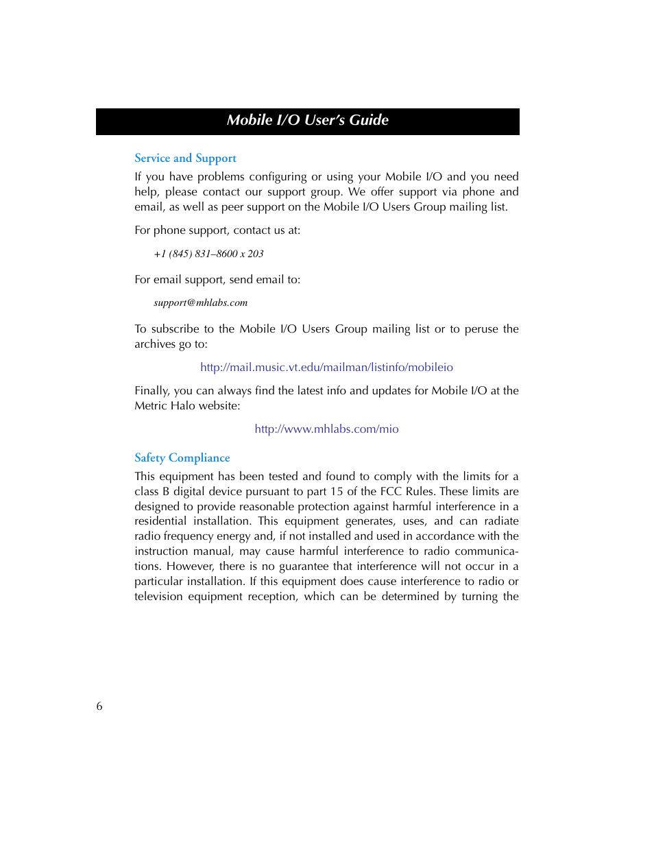 Service and support, Safety compliance, Service and support safety compliance | Mobile i/o user’s guide | Metric Halo 2882 operating guide User Manual | Page 14 / 109