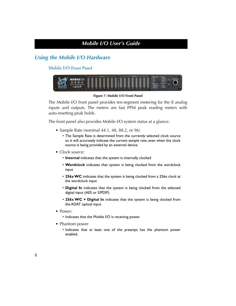 Using the mobile i/o hardware, Mobile i/o front panel, Figure 7 | Mobile i/o user’s guide | Metric Halo 2882 operating guide User Manual | Page 16 / 109