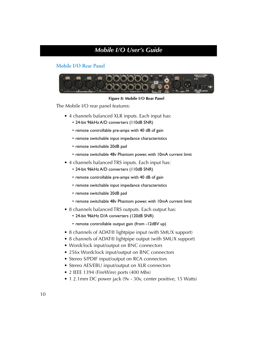 Mobile i/o rear panel, Figure 8, Mobile i/o user’s guide | Metric Halo 2882 operating guide User Manual | Page 18 / 109