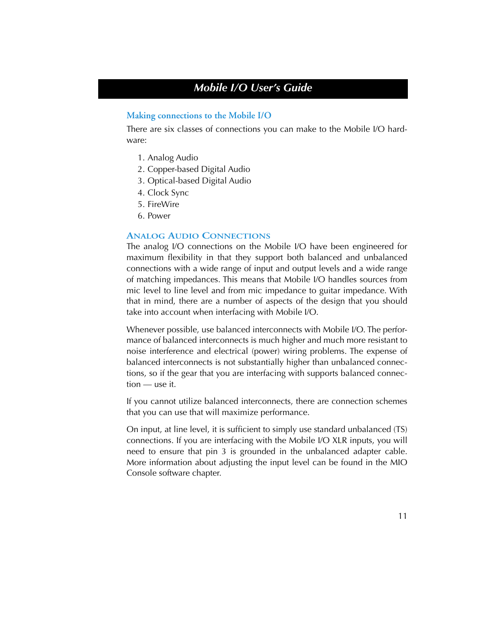 Making connections to the mobile i/o, Analog audio connections, Mobile i/o user’s guide | Metric Halo 2882 operating guide User Manual | Page 19 / 109