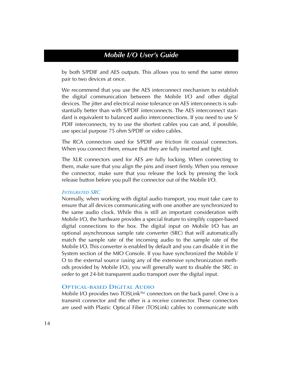 Integrated src, Optical-based digital audio, Mobile i/o user’s guide | Metric Halo 2882 operating guide User Manual | Page 22 / 109