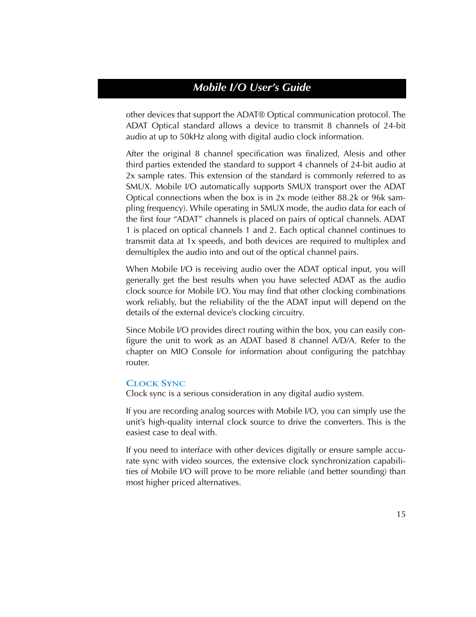 Clock sync, Mobile i/o user’s guide | Metric Halo 2882 operating guide User Manual | Page 23 / 109