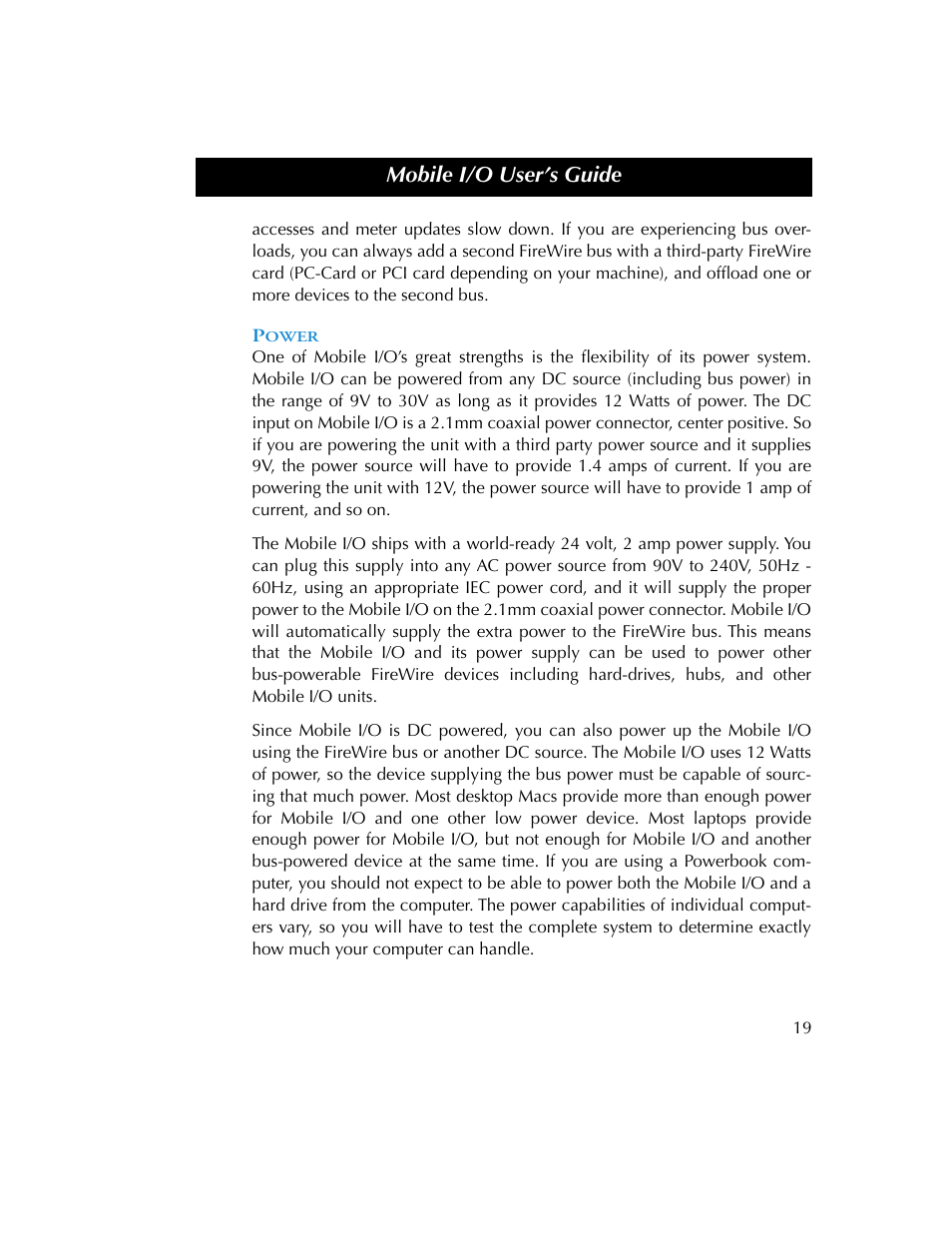 Power, Mobile i/o user’s guide | Metric Halo 2882 operating guide User Manual | Page 27 / 109