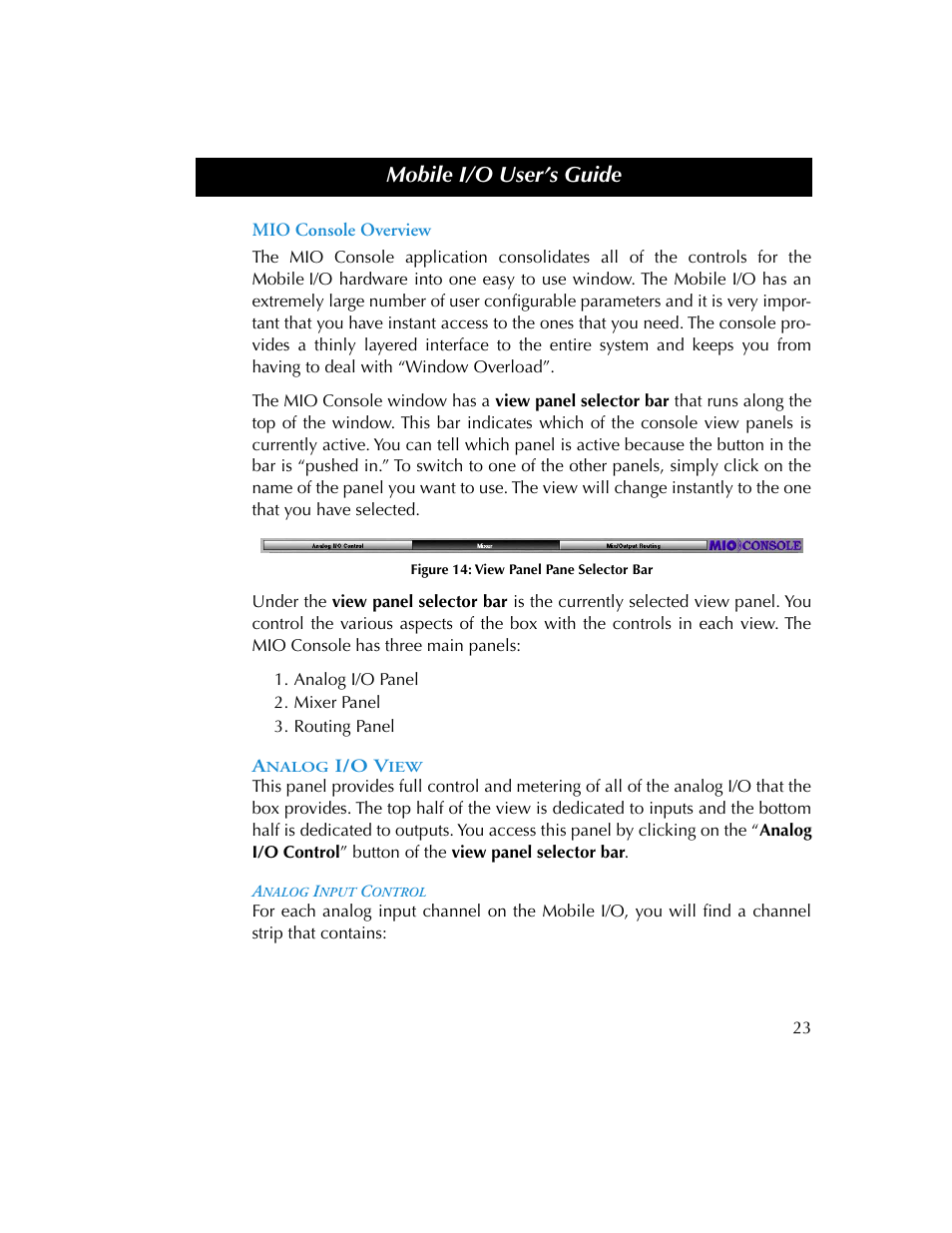 Mio console overview, Analog i/o view, Analog input control | Figure 14, Mobile i/o user’s guide | Metric Halo 2882 operating guide User Manual | Page 31 / 109