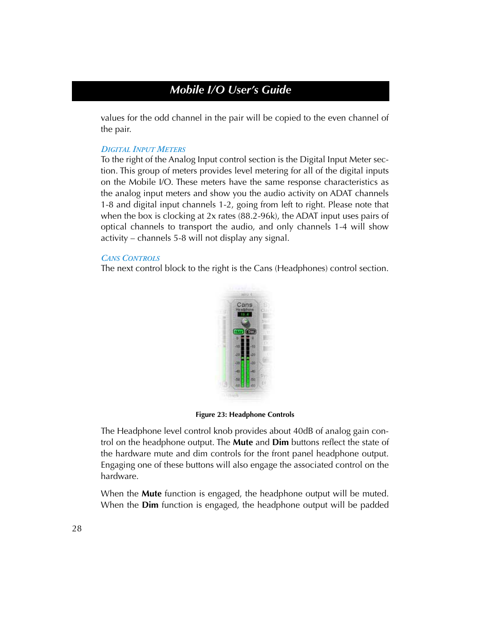 Digital input meters, Cans controls, Digital input meters cans controls | Figure 23, Mobile i/o user’s guide | Metric Halo 2882 operating guide User Manual | Page 36 / 109