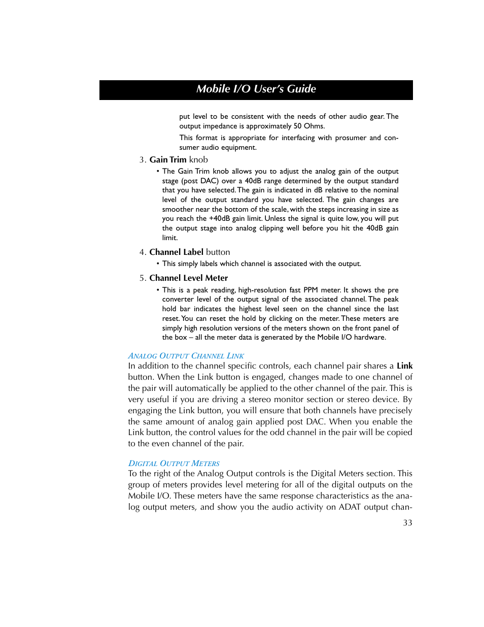 Analog output channel link, Digital output meters, Mobile i/o user’s guide | Metric Halo 2882 operating guide User Manual | Page 41 / 109
