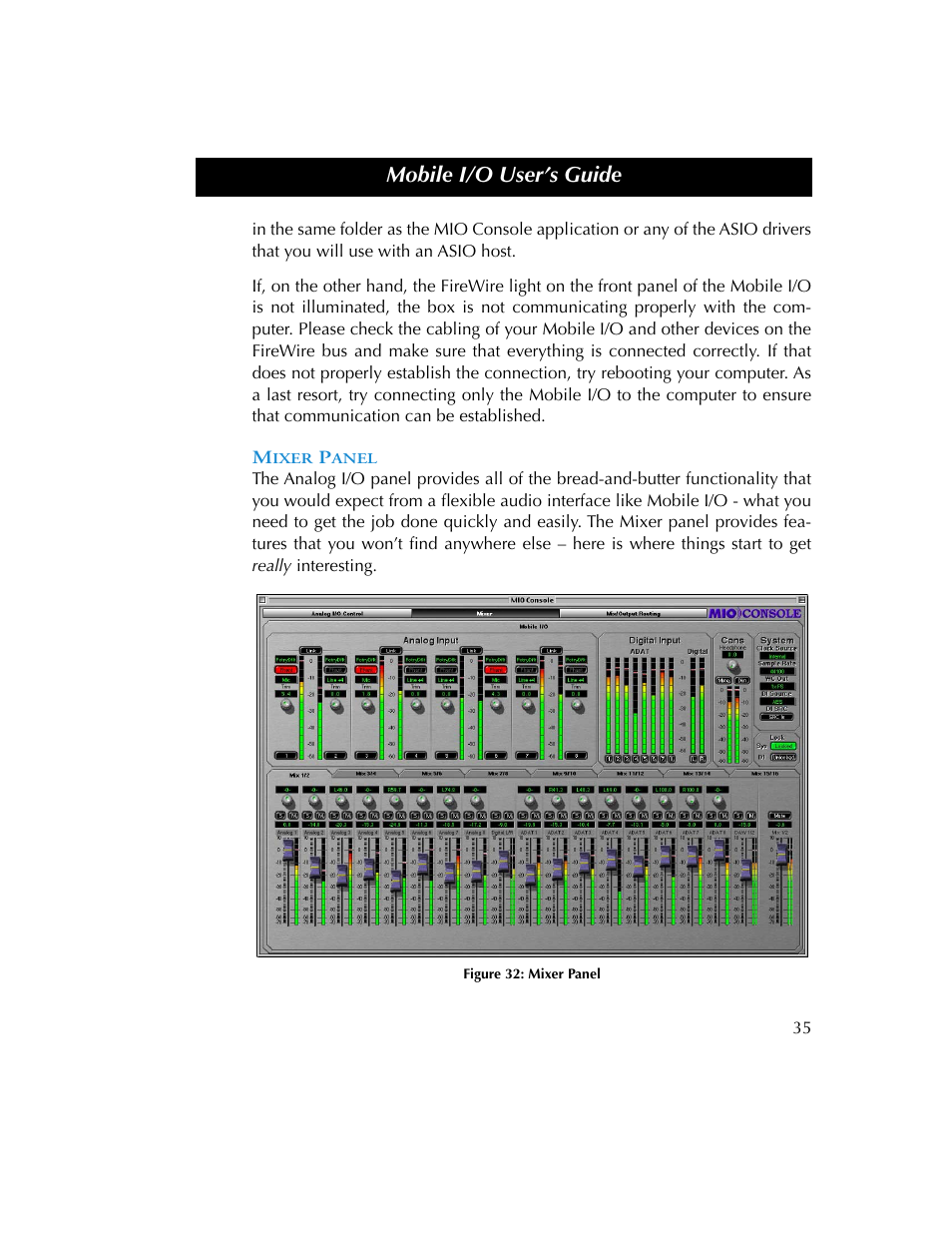 Mixer panel, Figure 32, Mobile i/o user’s guide | Metric Halo 2882 operating guide User Manual | Page 43 / 109