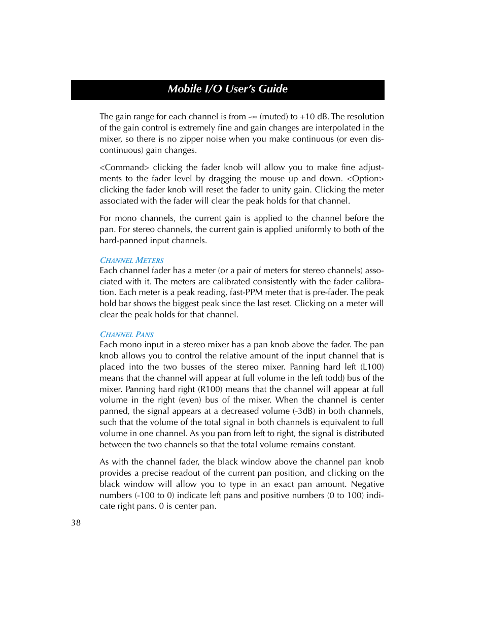Channel meters, Channel pans, Channel meters channel pans | Mobile i/o user’s guide | Metric Halo 2882 operating guide User Manual | Page 46 / 109