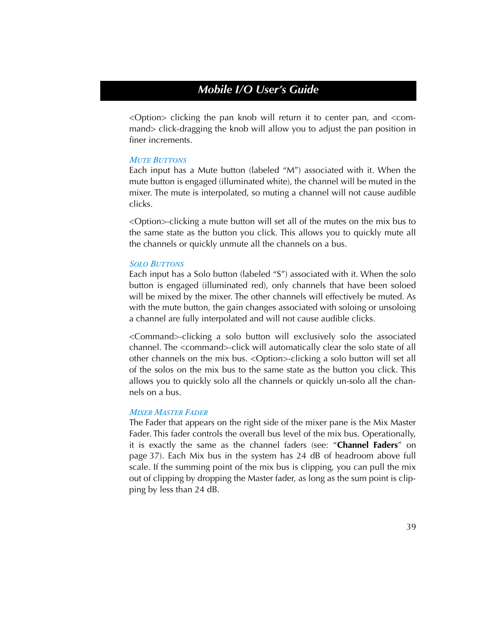 Mute buttons, Solo buttons, Mixer master fader | Mute buttons solo buttons mixer master fader, Mobile i/o user’s guide | Metric Halo 2882 operating guide User Manual | Page 47 / 109