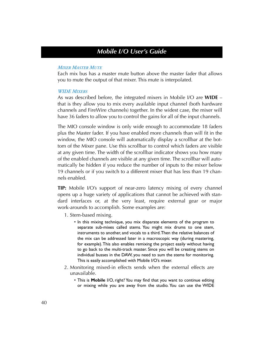 Mixer master mute, Wide mixers, Mixer master mute wide mixers | Mobile i/o user’s guide | Metric Halo 2882 operating guide User Manual | Page 48 / 109