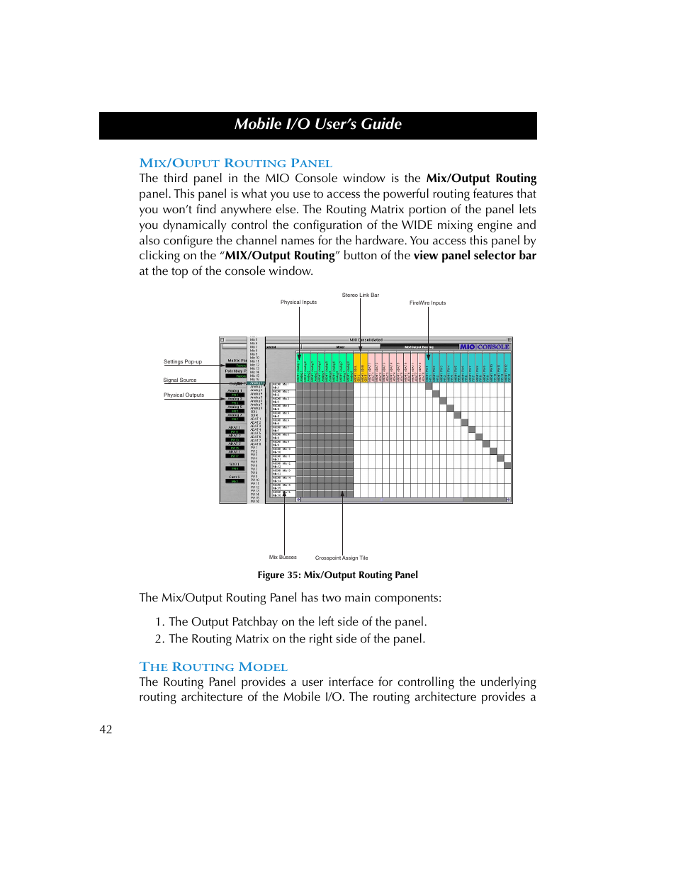 Mix/ouput routing panel, The routing model, Mix/ouput routing panel the routing model | Figure 35, Mobile i/o user’s guide | Metric Halo 2882 operating guide User Manual | Page 50 / 109