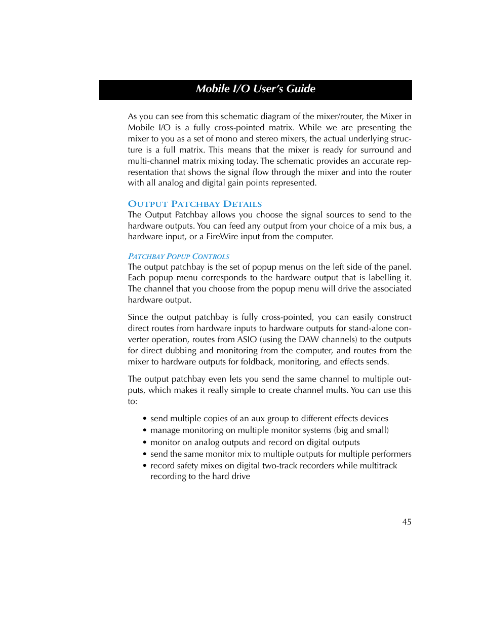 Output patchbay details, Patchbay popup controls, Mobile i/o user’s guide | Metric Halo 2882 operating guide User Manual | Page 53 / 109