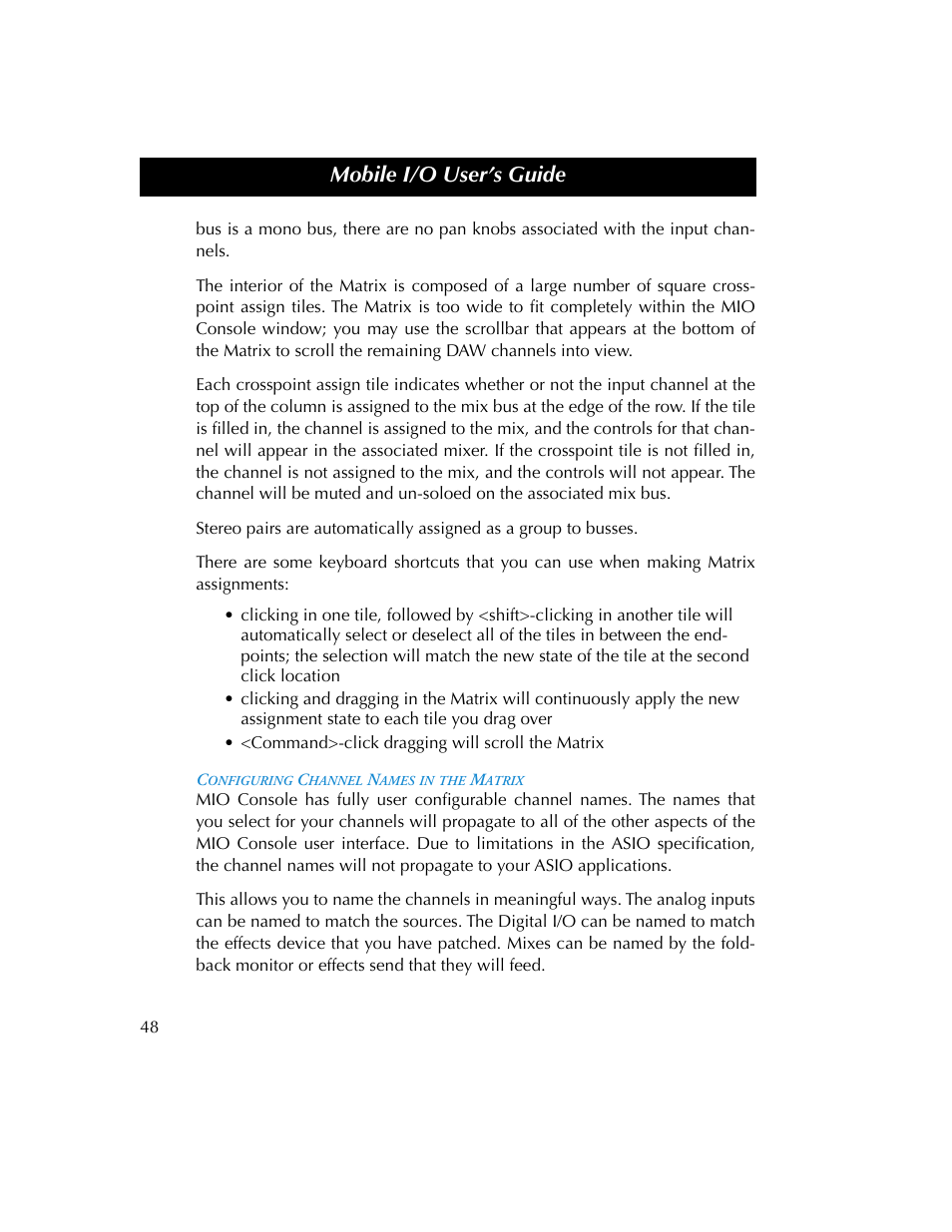 Configuring channel names in the matrix, Mobile i/o user’s guide | Metric Halo 2882 operating guide User Manual | Page 56 / 109