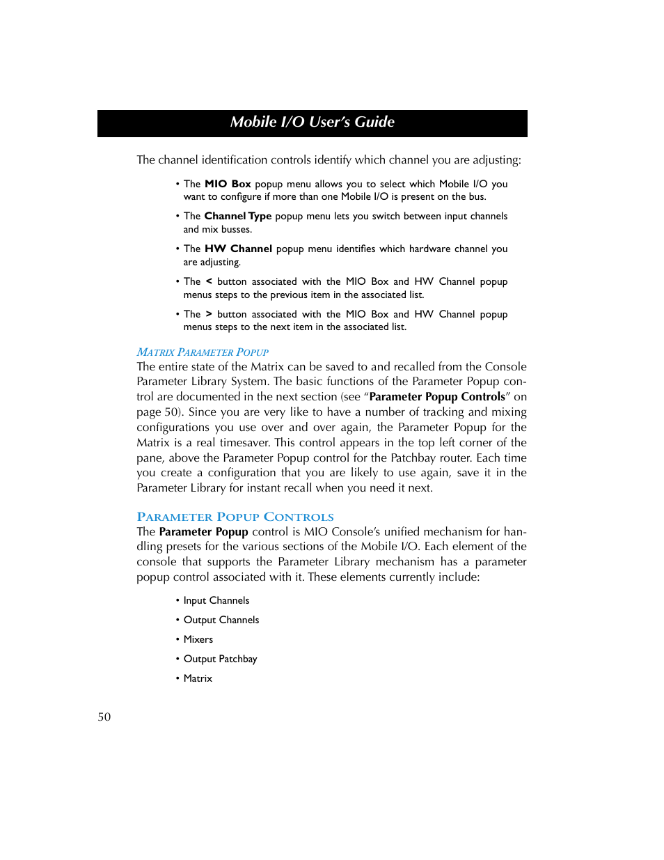 Matrix parameter popup, Parameter popup controls, Parameter popup | Controls, Mobile i/o user’s guide | Metric Halo 2882 operating guide User Manual | Page 58 / 109