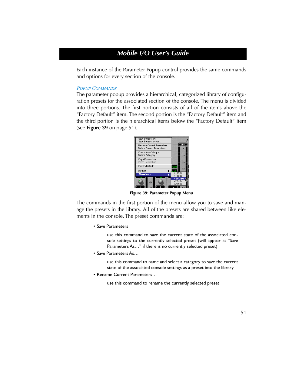 Popup commands, Figure 39, Mobile i/o user’s guide | Metric Halo 2882 operating guide User Manual | Page 59 / 109