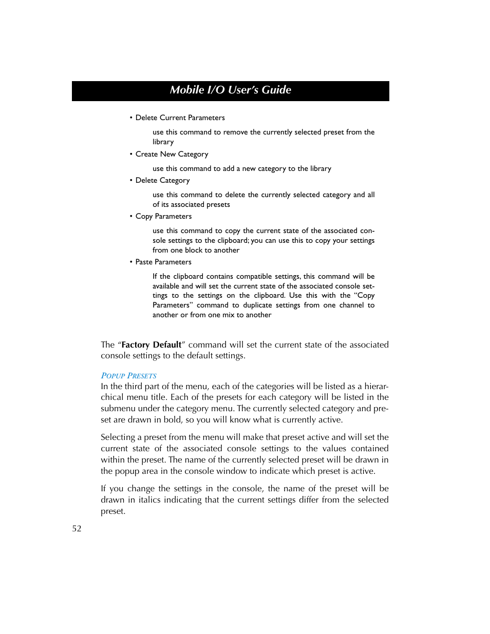 Popup presets, Mobile i/o user’s guide | Metric Halo 2882 operating guide User Manual | Page 60 / 109