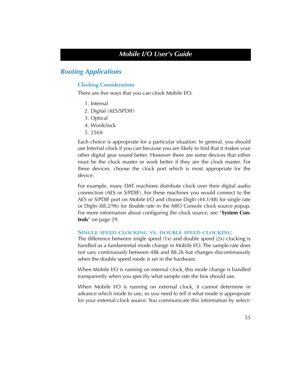 Routing applications, Clocking considerations, Single speed clocking vs. double speed clocking | Mobile i/o user’s guide | Metric Halo 2882 operating guide User Manual | Page 63 / 109