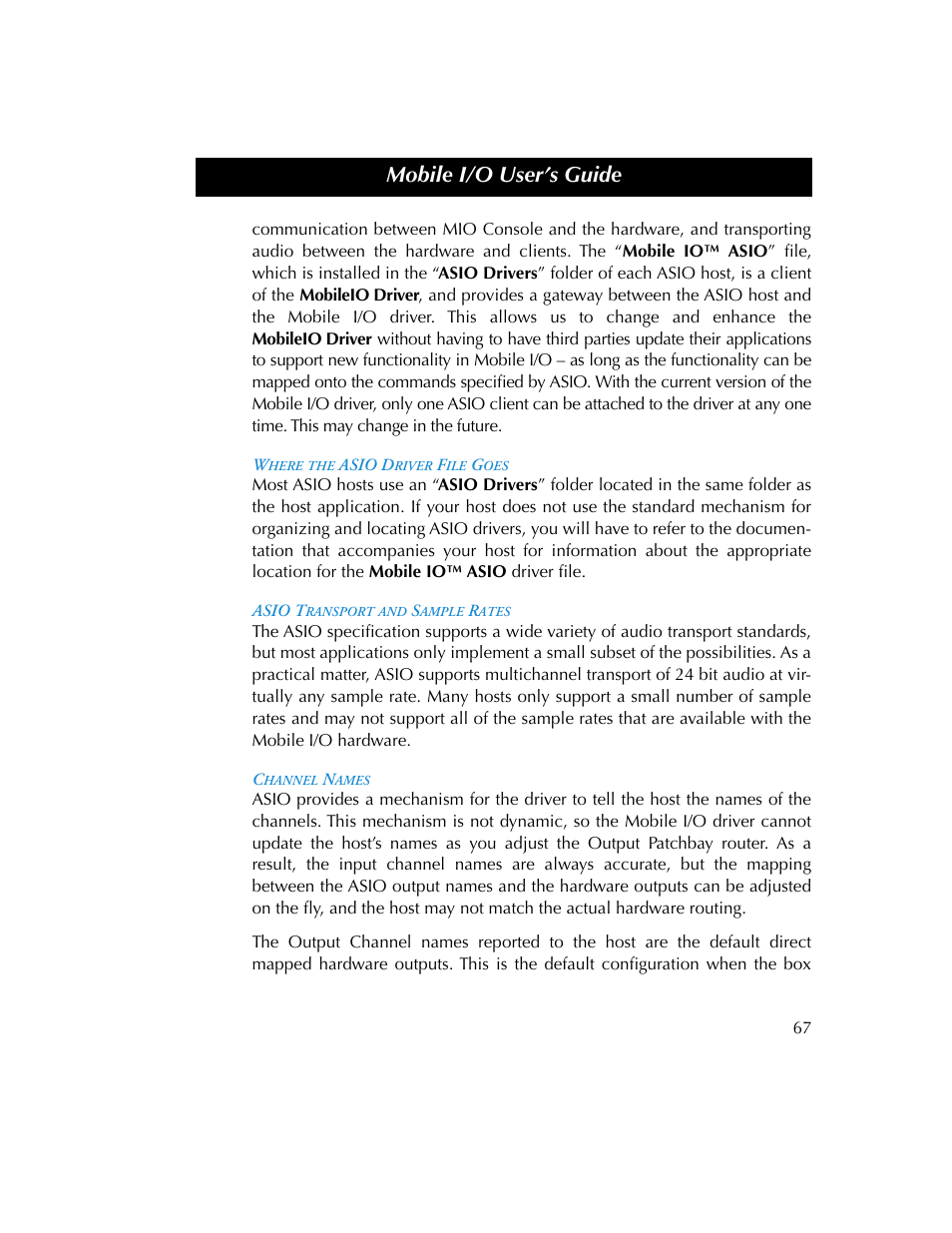Where the asio driver file goes, Asio transport and sample rates, Channel names | Mobile i/o user’s guide | Metric Halo 2882 operating guide User Manual | Page 75 / 109