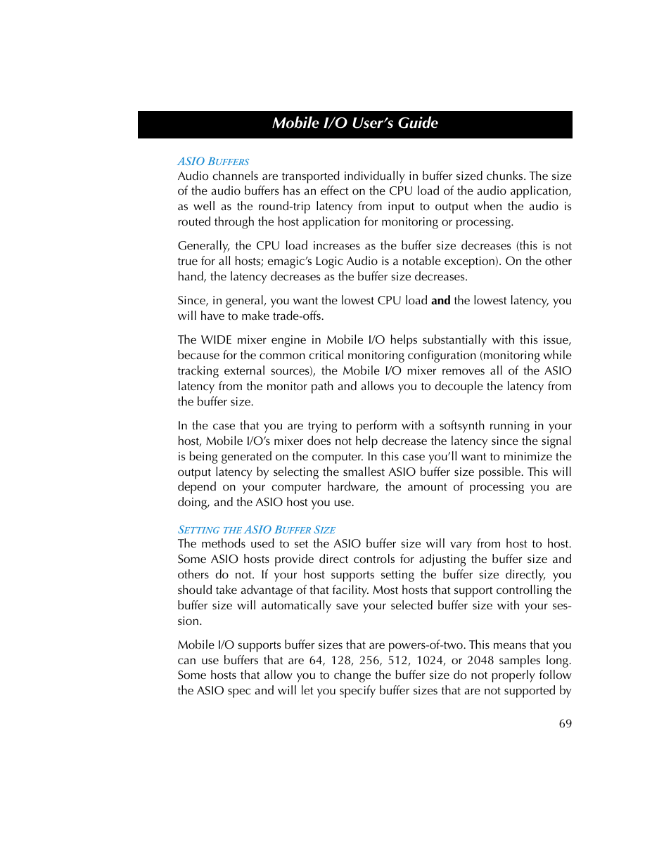 Asio buffers, Setting the asio buffer size, Asio buffers setting the asio buffer size | Mobile i/o user’s guide | Metric Halo 2882 operating guide User Manual | Page 77 / 109