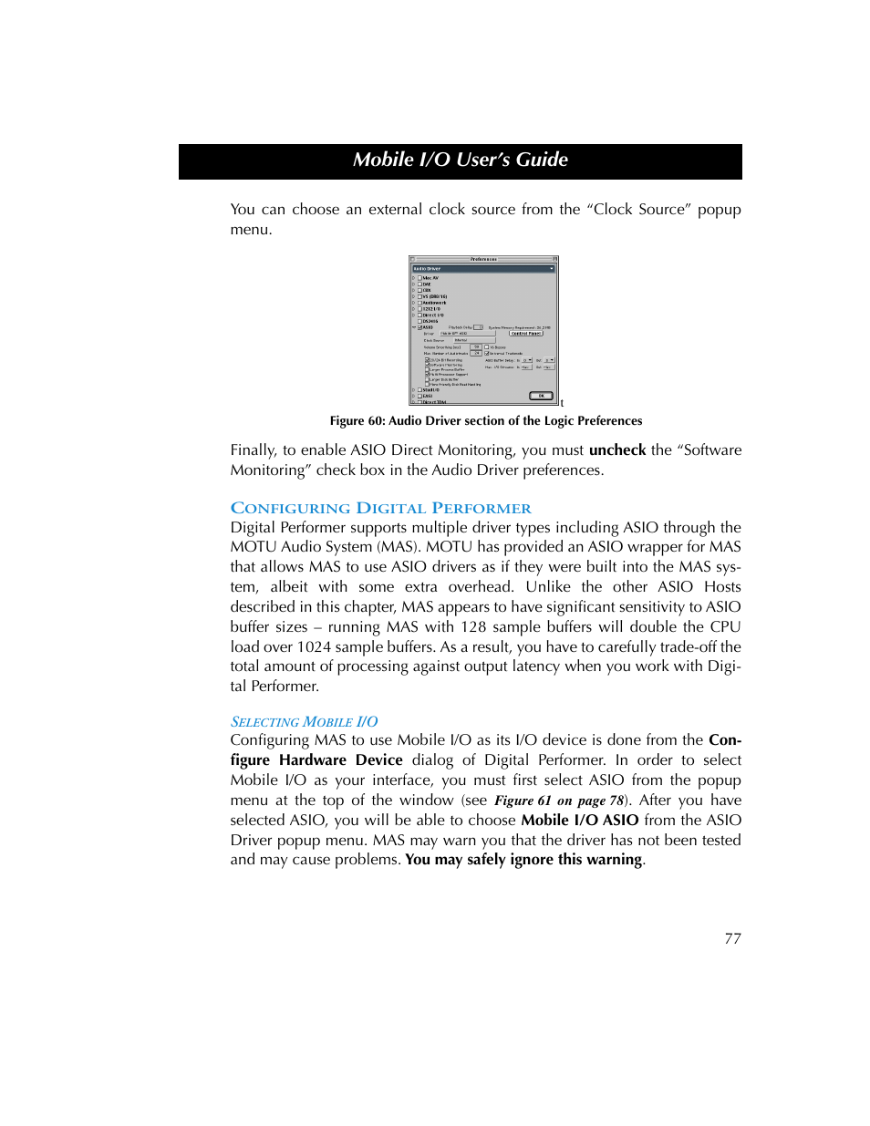 Configuring digital performer, Selecting mobile i/o, Figure 60 | Mobile i/o user’s guide | Metric Halo 2882 operating guide User Manual | Page 85 / 109