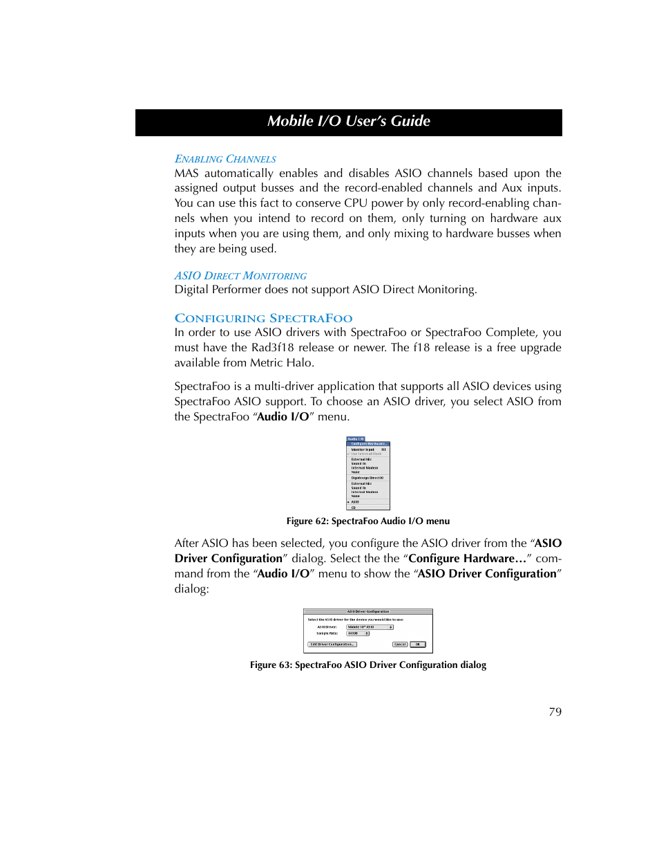 Enabling channels, Asio direct monitoring, Configuring spectrafoo | Enabling channels asio direct monitoring, Figure 62, Figure 63, Mobile i/o user’s guide | Metric Halo 2882 operating guide User Manual | Page 87 / 109
