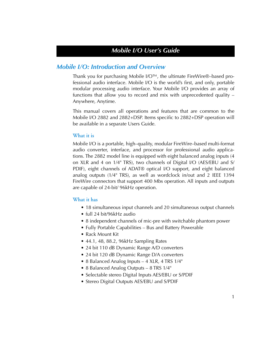 Mobile i/o: introduction and overview, What it is, What it has | What it is what it has | Metric Halo 2882 operating guide User Manual | Page 9 / 109
